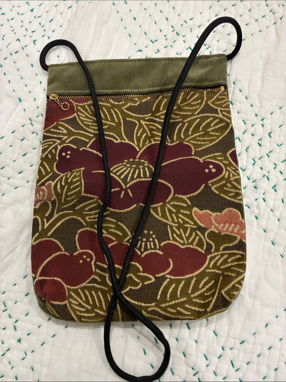 Olive Green Velvet Crossbody Bag with Floral Pocket - Picture 8 of 11